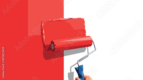 Red paint roller on a two-tone wall with geometric style