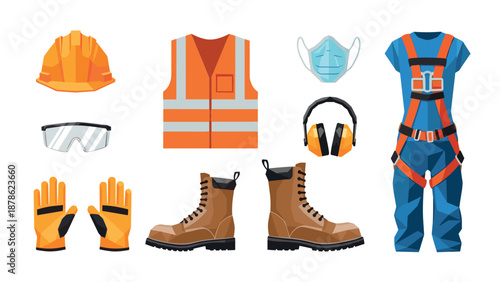 Construction safety equipment set featuring helmet, vest, boots, and more in flat style