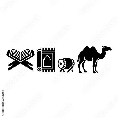 Islamic Religious Icons Set Featuring Holy Quran on Rehal, Rolled Prayer Mat, Traditional Bedug Drum, and Camel Silhouette for Ramadan and Hajj Design