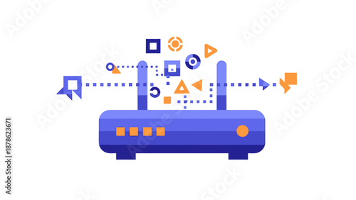 Router transmitting data to various digital icons in a network environment