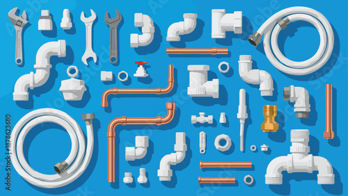 Detailed plumbing tools and fixtures set on blue background