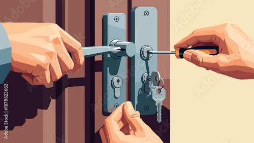 Hands installing door lock with screwdriver and key in realistic style