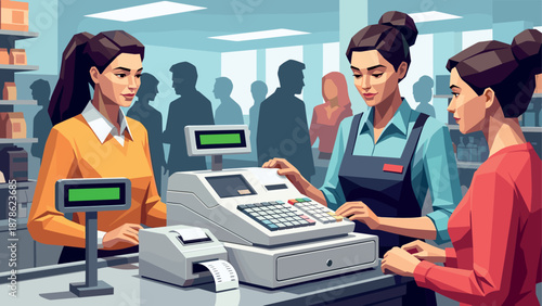 Checkout concept in modern supermarket with cashier and customers