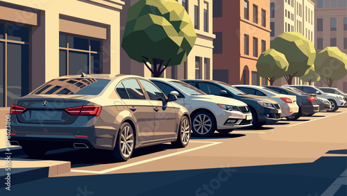 Urban street parking scene with cars lined up during daylight in geometric art style