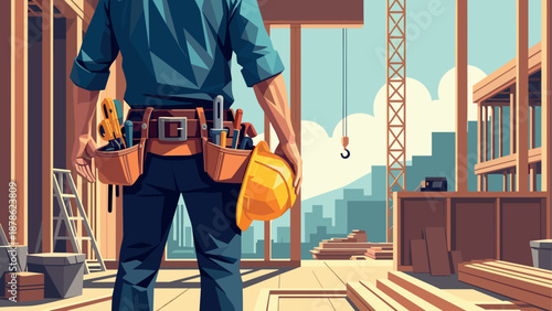 Confident worker overseeing urban construction site under clear sky