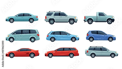 Stylish flat car set featuring diverse vehicle types in various colors and models
