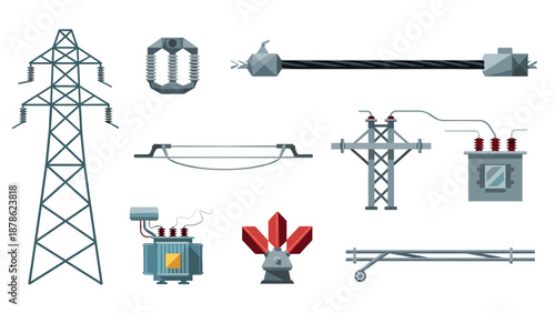 Industrial energy infrastructure icons: power lines, transformers, and components