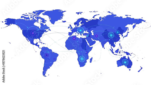 Global map highlighting major technology hubs across the world with vibrant blue and purple markers