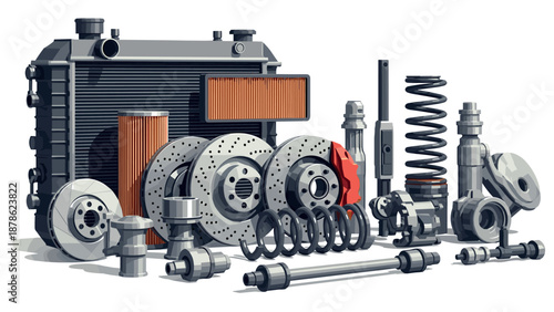 Auto parts collection: brake discs, springs, filters, and radiator in detailed 3d style