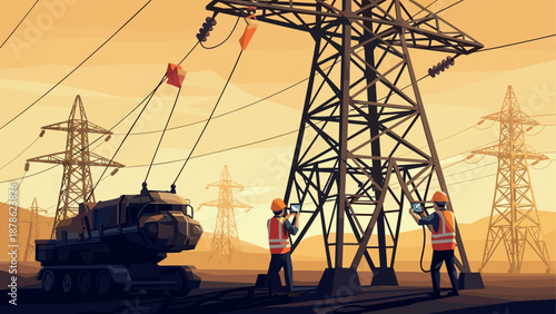 Workers repairing power lines at sunset in industrial landscape