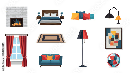 Modern home interior decor elements featuring furniture, lighting, and accessories