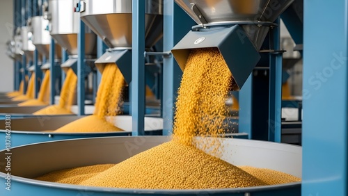 Industrial grain processing with automated machinery in modern factory