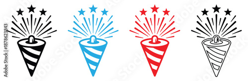 Vibrant firework icons in red, blue, black, and white colors,Fireworks Fourth of July.Set of fireworks with a red and blue stars and sparks isolated on transparent.