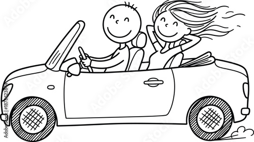 Happy handdrawn cartoon couple driving a convertible car her long hair blowing in the wind.
