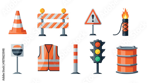 Set of road safety icons: cones, barriers, and traffic lights in flat style