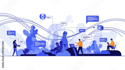 Diverse group of people interacting with digital communication bubbles and abstract silhouettes in a futuristic illustration style