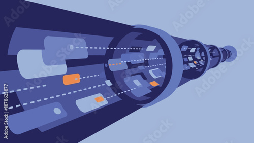 Aerial view of a futuristic highway with autonomous vehicles navigating through a sleek, modern tunnel