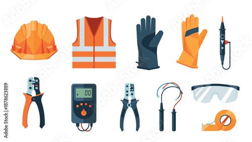 Essential construction and safety gear icons in flat style for industrial projects