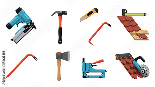 Essential flat construction tool set: hammer, nail gun, axe, crowbar, utility knife