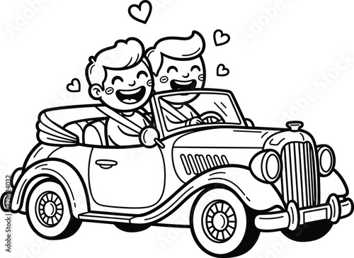 Joyful cartoon gay couple with happy smiles driving a classic vintage convertible car with floating hearts.