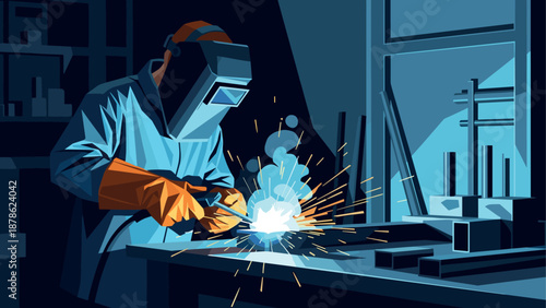 Welder at work in industrial workshop with sparks flying in modern flat art style