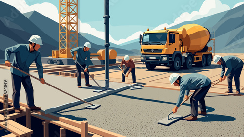 Construction workers paving road with mixer truck on site