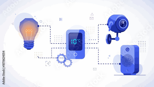 Smart home devices and automation system with camera, thermostat, and light bulb in a modern setting