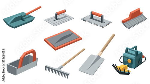 Isometric construction tools set with trowels, rakes, and equipment