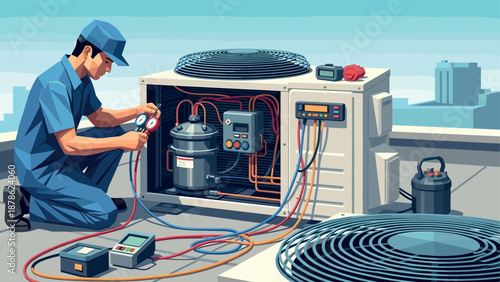 Technician performing maintenance on rooftop hvac system in urban setting