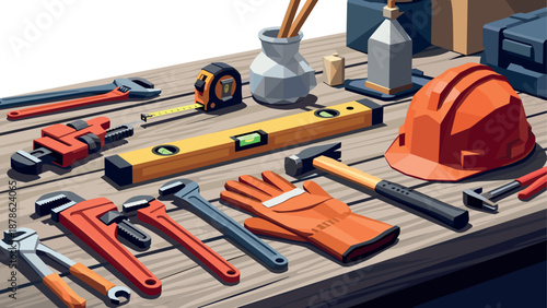 Construction tools on wooden desk with hard hat and measuring tape in geometric design
