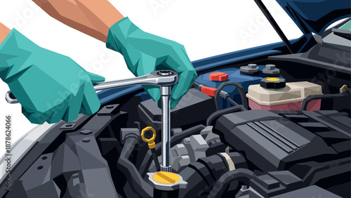Mechanic hands repairing car engine with wrench in geometric style