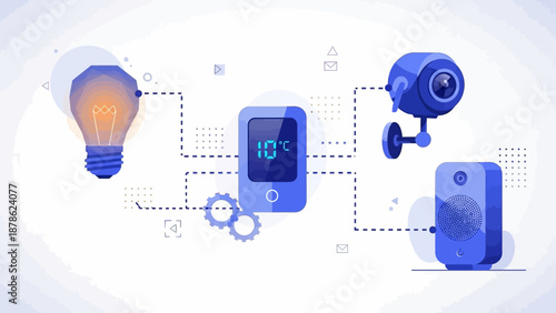 Smart home technology devices connected through a network illustrating automation and control of lighting, temperature, security cameras, and sensors from a modern viewpoint.