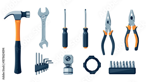 Comprehensive set of hand tools with modern flat design for diy and professional use