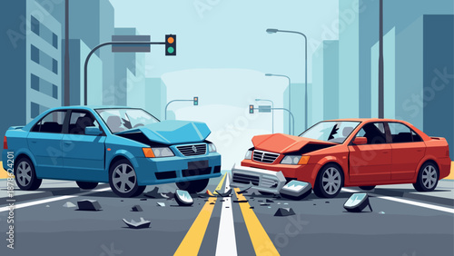 Urban car collision: two sedans in city intersection crash scene