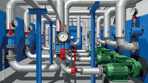 Complex industrial pipeline system with valves and pressure gauges in isometric view
