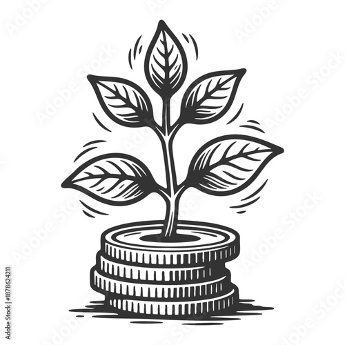 leafy plant sprouting from stacked coins, representing investment, savings, and sustainable financial growth sketch engraving generative ai fictional character vector. Scratch board. Black and white.