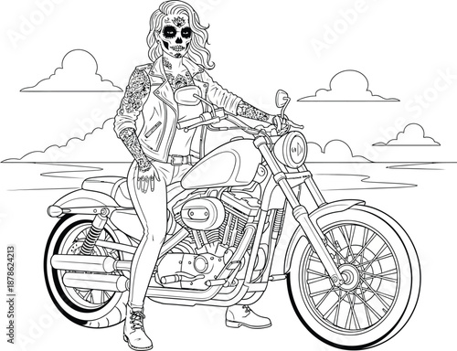 Line art illustration of a tattooed biker woman with sugar skull makeup posing on a classic cruiser motorcycle.
