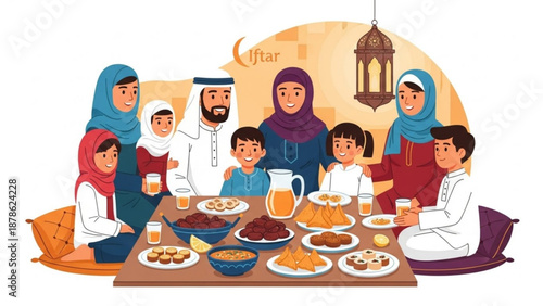 Muslim family celebrating Iftar together sharing a traditional meal with dates and juice illustration for Ramadan and Eid