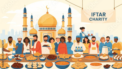 Diverse people sharing Iftar meal with mosque background Ramadan charity event concept illustration for community and generosity