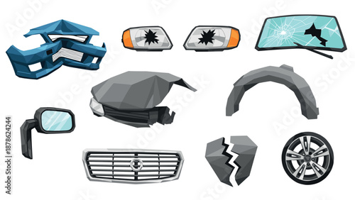 Low poly broken car parts collection with damaged windshield and broken bumper