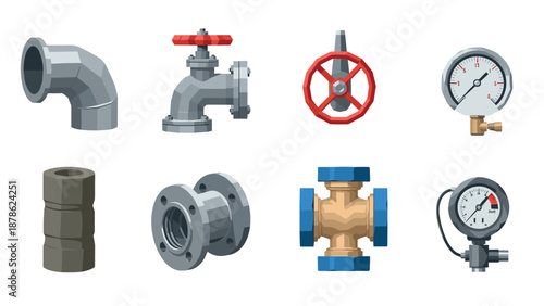 Industrial pipe elements with valves and gauges in isometric style for engineering projects