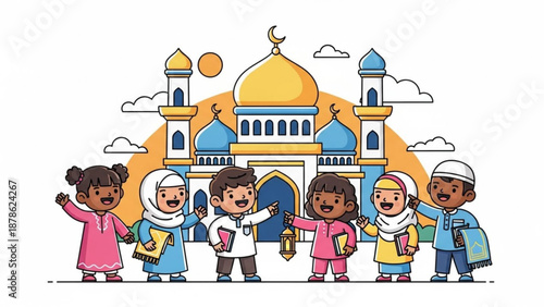 Diverse Muslim children in front of a mosque celebrating Eid or Ramadan flat vector illustration for education and cultural events