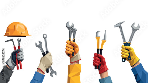 Hands holding construction tools in polygonal style isolated on white background