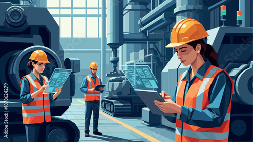 Engineers in modern factory using digital tablets and holographic screens in industrial setting