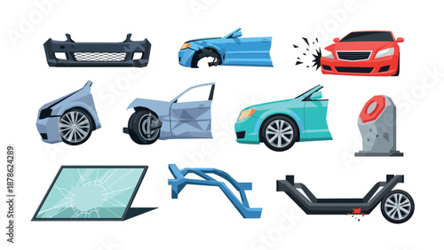 Flat design car parts and damage icons for auto repair and collision