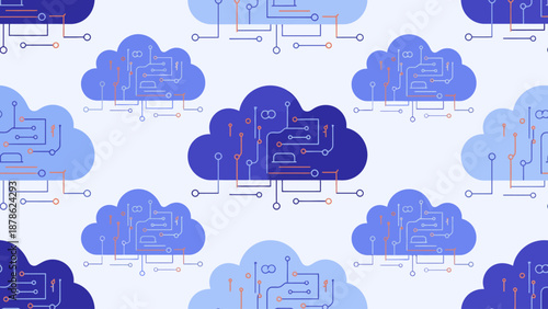 Cloud computing infrastructure pattern with circuit boards and connections on a white background