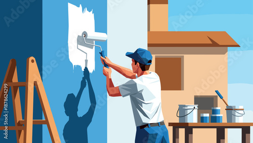 Painter at work: modern flat design of home renovation scene