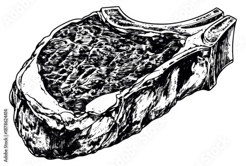 Hand drawn line art illustration of a ribeye steak depicting a raw cut for food and cooking concepts