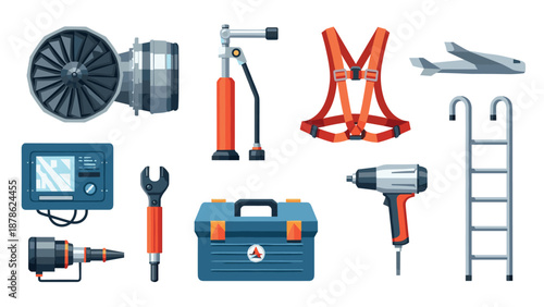 Aviation maintenance tools and equipment set featuring safety harness, jet engine, and more