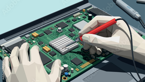 Technician examining circuit board with tools in flat design